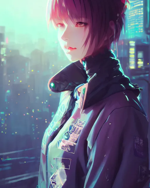 Image similar to kyoto animation, cool girl wearing cyberpunk intricate streetwear, beautiful, detailed portrait, cell shaded, 4 k, concept art, by wlop, ilya kuvshinov, artgerm, krenz cushart, greg rutkowski, pixiv. cinematic dramatic atmosphere, sharp focus, volumetric lighting, cinematic lighting, studio quality