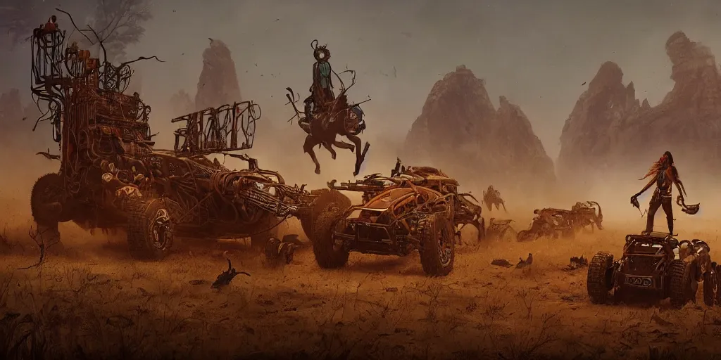 Image similar to woodpunk, ancient indian on atv, buffalo chase ,attacking, action scene, an epic fantasy, dramatic lighting, cinematic, establishing shot, extremely high detail, photorealistic, cinematic lighting, artstation, octane render, by simon stalenhag, horizon forbidden west and mad max