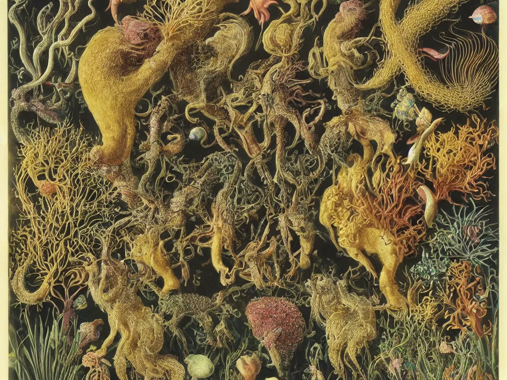 Image similar to Small animals, microorganisms living in the golden beard of a man. Painting by Ernst Haeckel, Walton Ford