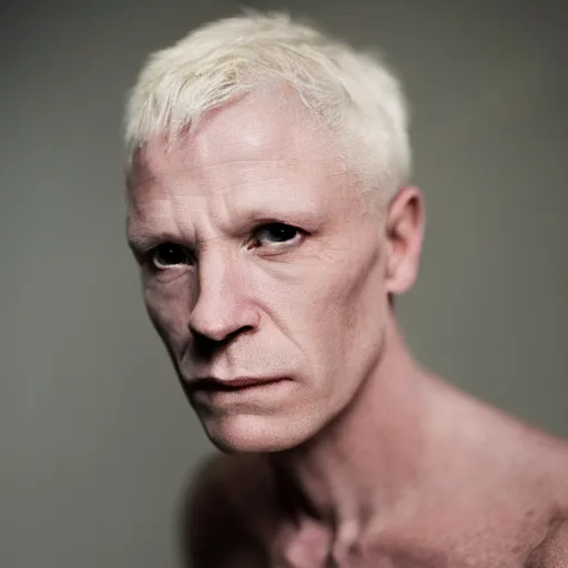 Image similar to color portrait of a middle aged albino male model by emmanuel lubezki