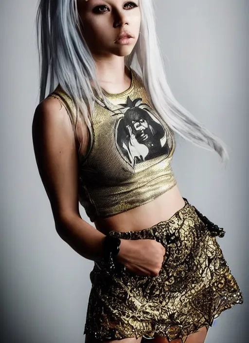 Image similar to kerli koiv in mini skirt and crop top tank top, platform boots, beautiful face, intricate, extremely detailed, modeling photography, 8 0 mm camera, dramatic lighting, dark room, body and face, golden ratio, rule of 3 rds, well proportioned