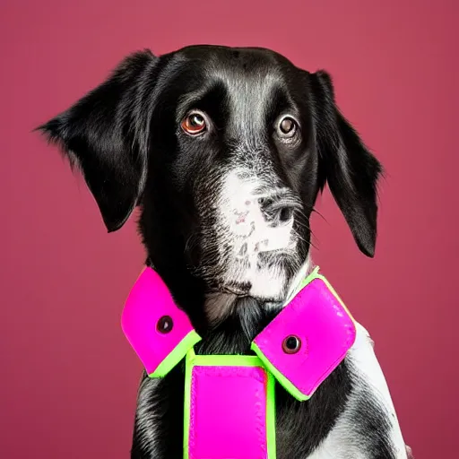 Prompt: dog wearing neon pink shoes, realistic photo, studio quality photograph