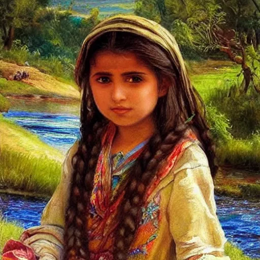 Prompt: beautiful painting by sophie anderson of a beautiful young kurdish girl by a river in a kurdish village, award winning art, insanely detailed, bright colors, global illumination, cute, young, stunning