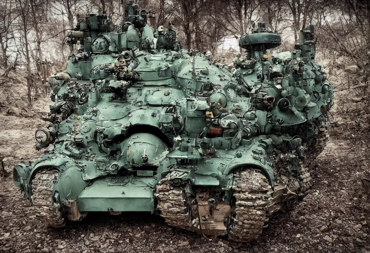 Prompt: totoro tank, post apocalyptic style. fox holes. rich color, shot on film, wide angle, storming