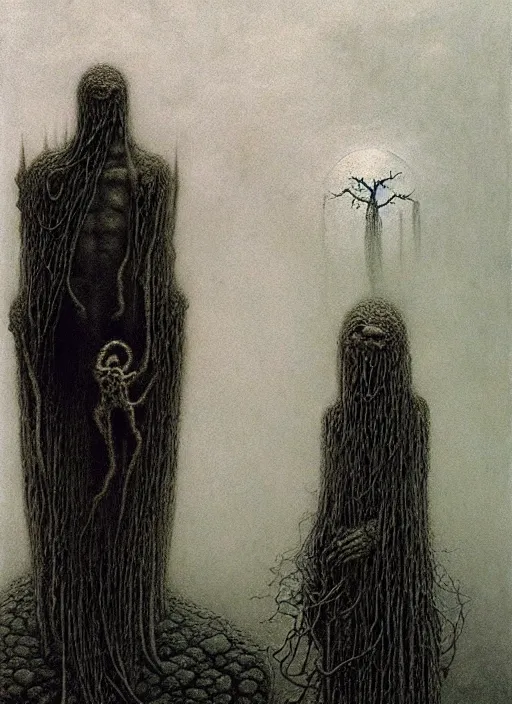 Prompt: lovecraftian man and female by Beksinski and Luis Royo