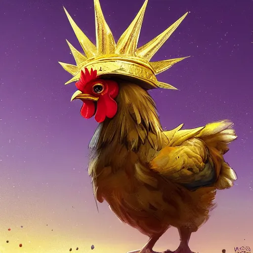 Image similar to a chicken animal wearing a small golden crown on its head. By Makoto Shinkai, Stanley Artgerm Lau, WLOP, Rossdraws, James Jean, Andrei Riabovitchev, Marc Simonetti, krenz cushart, Sakimichan, trending on ArtStation, digital art. Animal photo.