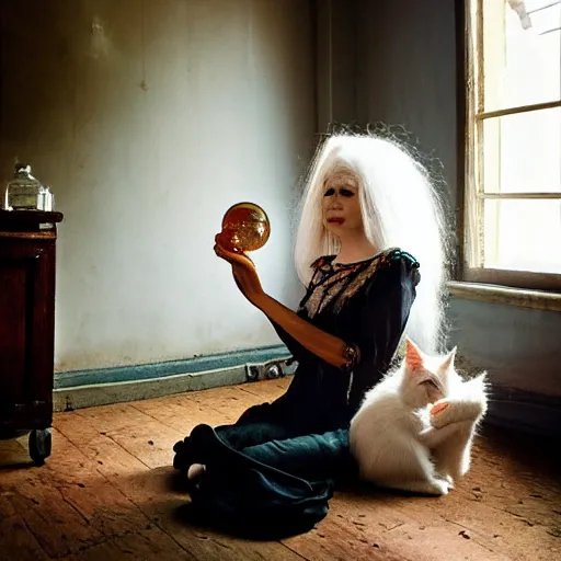 Image similar to a full body protrait beautifull witch with white hair in old room. A cristal ball on a wood table with a potions and old instruments. A cat on the floor licking his paw. photorealistic, profesional photo, by Steve McCurry