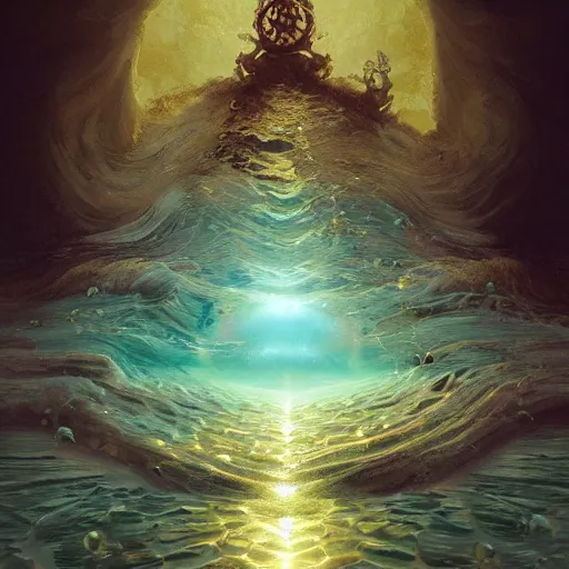 Image similar to decorative ornamental shrine of holy god of the sea, acanthus scroll, ceremonial clouds, dripping paint, fibonacci rhythm, kelp, barnacle, artstation, art germ, wlop, karol bak, christopher balaskas