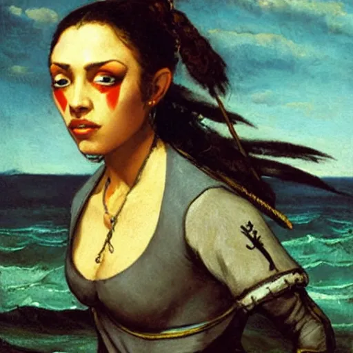 Image similar to a female pirate from avatar, painting by courbet