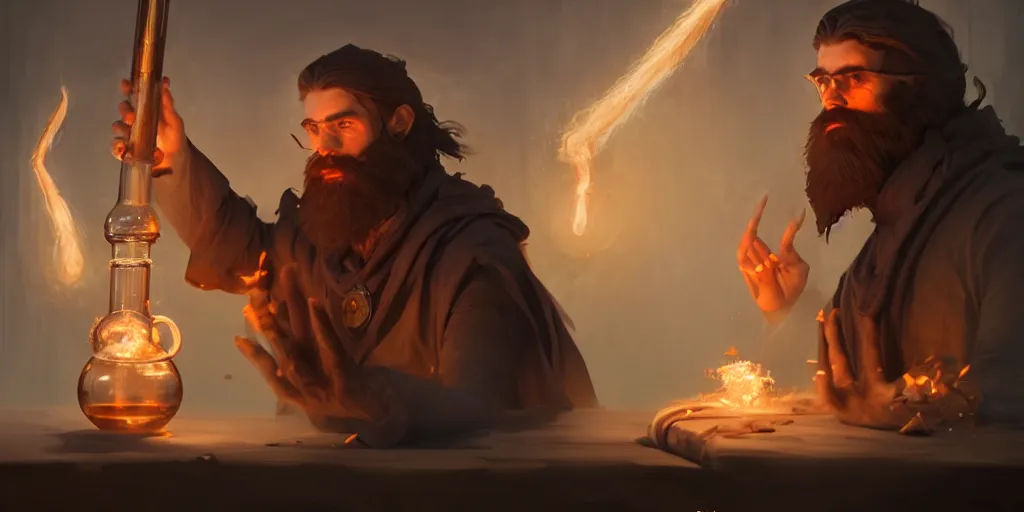 Prompt: a handsome bearded caucasian male sorcerer with brown hair he is casting a spell with flowing energy, he is in a alchemist lab filled with beakers and equipment, neutral pose, epic composition, 4 k, trending on artstation, by jason chan, greg rutkowski, rudy siswanto