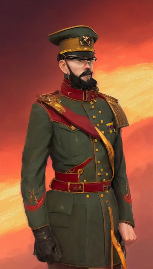 Image similar to federal commander full body portrait, stern look, late xix century red and carmesi military outfit, steppe background, intricate, highly detailed, digital painting, artstation, concept art, sharp focus, illustration, art by Artgerm, Grafit Studio, and Greg Rutkowski, Craig Mullins, Makoto Shinkai, Stanley Artgerm Lau, WLOP, Rossdraws, James Jean, Andrei Riabovitchev, Marc Simonetti, krenz cushart, Sakimichan, D&D trending on ArtStation, digital art - W 700