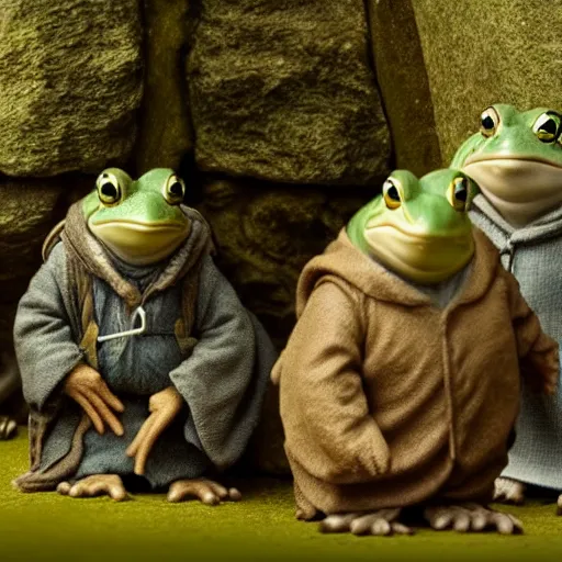 Image similar to gandalf and the hobbits as frogs, cinematic shot, 8 k, film still