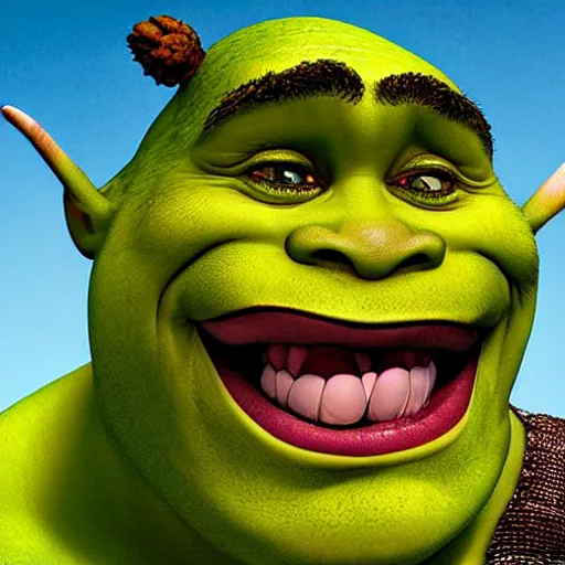 Image similar to a close up portrait from an awkward fisheye angle of shrek with large bloodshot eyes bulging out of their sockets as shrek's mouth is agape from coughing profusely