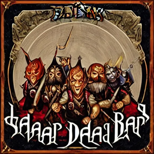 Image similar to album cover for an album of a metal band composed of five fantasy dwarfs, the band is called the sharp dwarves
