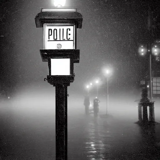 Prompt: A hyperdetailed 1920s era photograph of a Police Public Call Box sat on a street corner, night, dense fog, rain, HD, 8K resolution