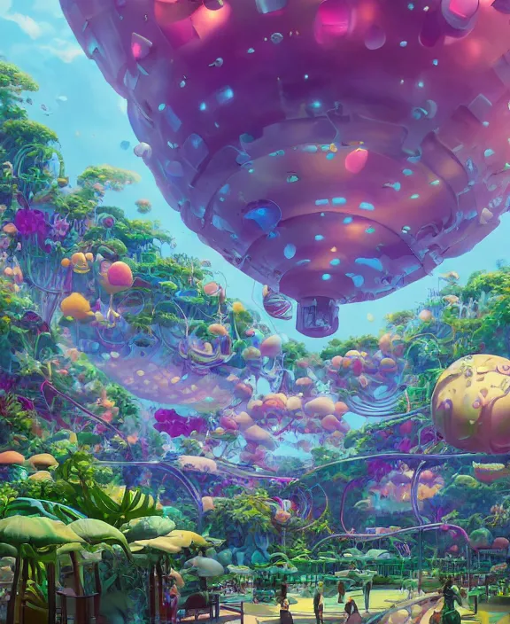 Image similar to simplicity, an elegant amusement park made out of seamless fat asymmetrical organic creatures, in the style of an aerodynamic blobby spaceship, overgrown with orchids, partly cloudy, sun - drenched, dramatic lighting, by dan mumford, yusuke murata, makoto shinkai, ross tran, cinematic, unreal engine, cel shaded, featured on artstation, pixiv