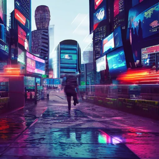 Prompt: people running away scared from cryptocurrency city, cyberpunk art ultrarealistic 8k