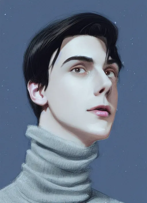 Image similar to portrait of teenage jughead jones wearing a light grey crown, crown, blue turtleneck, 1 9 5 0 s, closed eyes, photorealistic, black hair, glowing lighting, intricate, elegant, glowing lights, highly detailed, digital painting, artstation, concept art, smooth, sharp focus, illustration, art by wlop, mars ravelo and greg rutkowski