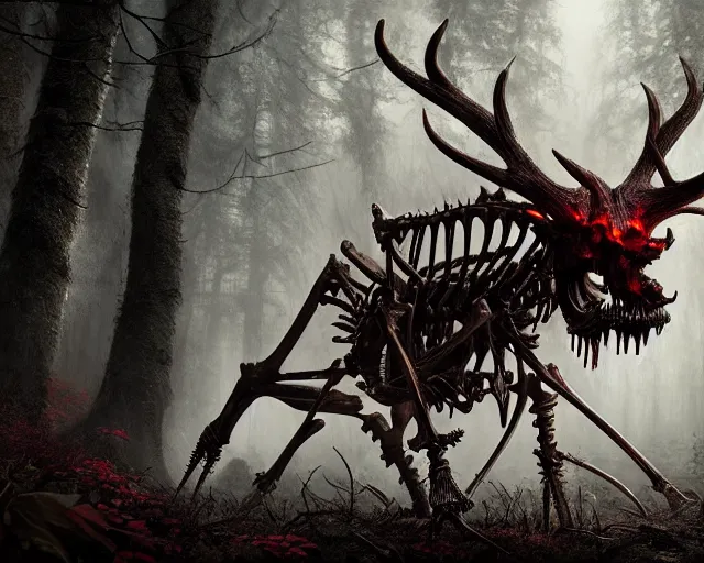 Prompt: 5 5 mm portrait photo of an armored demonic rat skeleton with antlers and red eyes, in a magical forest. magical atmosphere. art by greg rutkowski. highly detailed 8 k. intricate. lifelike. soft light. nikon d 8 5 0.