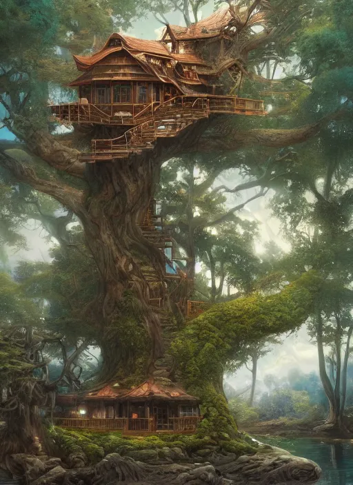 Prompt: A beautiful digital painting of an enormous treehouse, crystal lake by Stanley Artgerm Lau, Rossdraws, James Jean, gerald brom, Andrei Riabovitchev, Marc Simonetti, and Sakimichan, trending on artstation