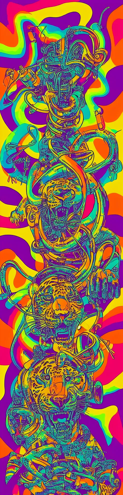 Prompt: tony the tiger dissolving into neon cereal pieces, cubensis, aztec, basil wolverton, r crumb, hr giger, mc escher, dali, muted but vibrant colors, subtle rainbow tubing, subtle undulations, cubism, art deco