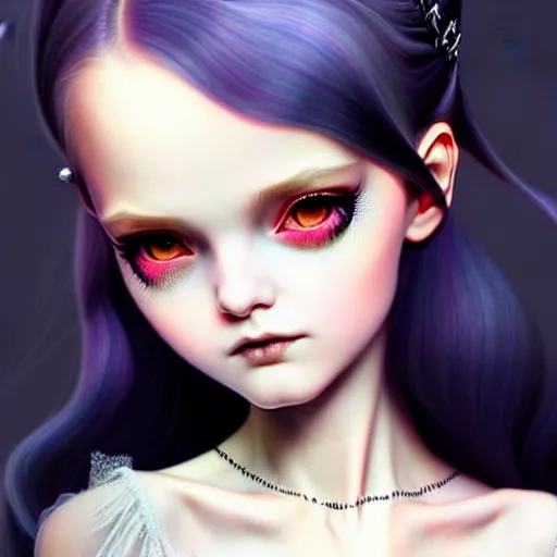 Image similar to beautiful goth princess, very cute features, brilliant glittering hair, universal volumetric lighting, soft glow, russian slasher film painting by range murata, norman rockwell, artgem, wes anderson, highly detailed intricately sharp focus, trending on pinterest, unreal engine 5 4 k uhd image