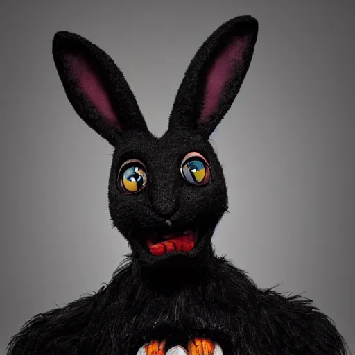 Image similar to A extremely highly detailed majestic hi-res beautiful, highly detailed head and shoulders portrait of a scary terrifying, horrifying, creepy black cartoon rabbit animatronic with scary big eyes, laughing and standing up wearing pants and a shirt in the style of Walt Disney