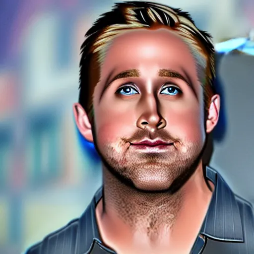 Image similar to really fat ryan gosling with a long gray beard, photorealistic, very high detail,