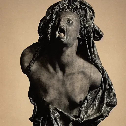 Prompt: studio portrait, a roman revival black marble statue of a screaming roman woman with her face and torso covered in an intricate golden fishing net