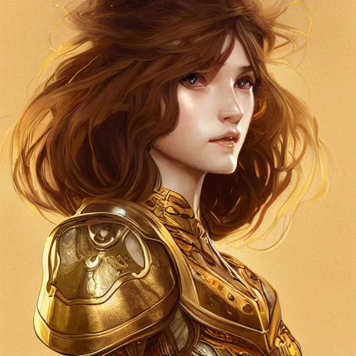 Image similar to portrait knights of Zodiac girl, golden and copper armor, sci-fi, fantasy, intricate, very very beautiful, elegant, highly detailed, digital painting, artstation, concept art, smooth, sharp focus, illustration, art by artgerm and WLOP and alphonse mucha