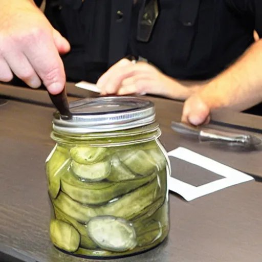 Image similar to police interrogating jar of pickles