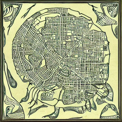 Prompt: very detailed, intricate, artsy, grotosque, jakarta map in the style of claire brewster