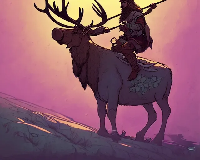 Prompt: cell shaded cartoon of a viking riding a moose, green mountain, subtle colors, post grunge, concept art by josan gonzales and wlop, by james jean, victo ngai, david rubin, mike mignola, deviantart, art by artgem