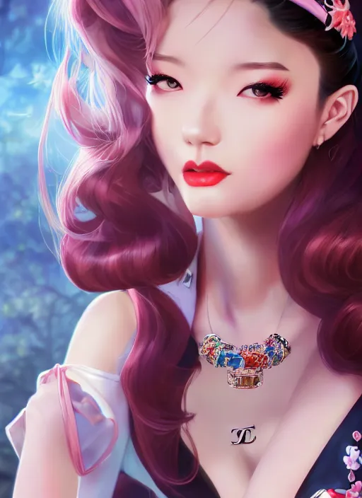 Image similar to a pin up and beautiful fashion dreamlke japan girl with lv jewelry, character art, art by artgerm, wlop, loish, hyperdetailed, 8 k realistic, symmetrical, global illumination, radiant light, frostbite 3 engine, cryengine, dof, trending on artstation, digital art, chanel, dior, detailed background