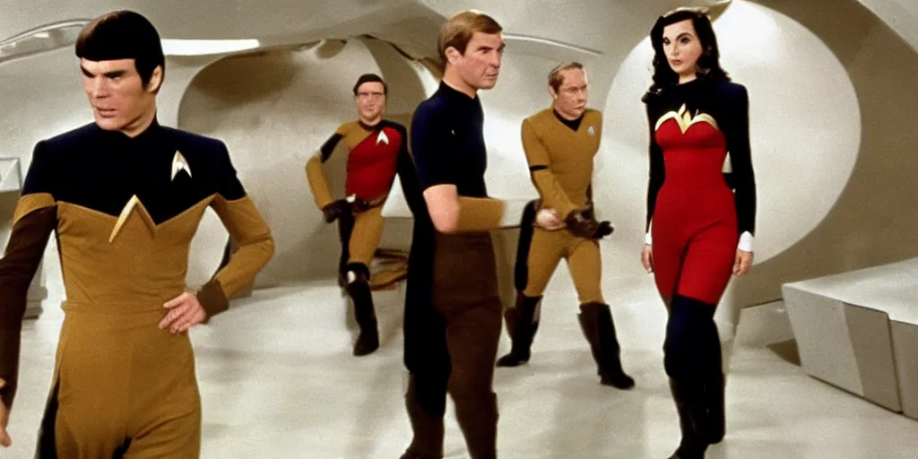 Image similar to a scene from Trouble with Tribbles, an episode of the original Star Trek series, with Gal Gadot, in Starfleet uniform, in the role of Captain Kirk