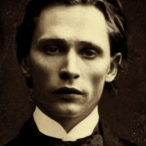 Prompt: early victorian headshot photograph of a mix between cillian murphy, tom hardy and tom hiddleston, very grainy, blurry, 1 8 4 0 s, 1 8 5 0 s, realistic face, rare