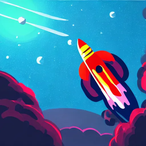 Prompt: A rocketship about to land on an unfamiliar planet, super cool rocket, Acrylic Paint, Concept Art, Digital Art, 16-bit RGB, Global Illumination