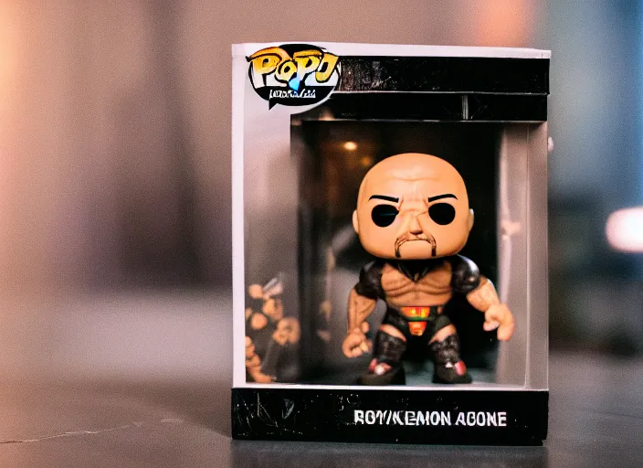 Image similar to product still of Dwayne Johnson funko pop with box, 85mm f1.8