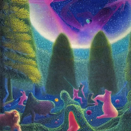 Image similar to psychedelic small cats hidden lush pine forest, outer space, milky way, designed by arnold bocklin, jules bastien - lepage, tarsila do amaral, wayne barlowe and gustave baumann, cheval michael, trending on artstation, star, sharp focus, colorful refracted sparkles and lines, soft light, 8 k 4 k