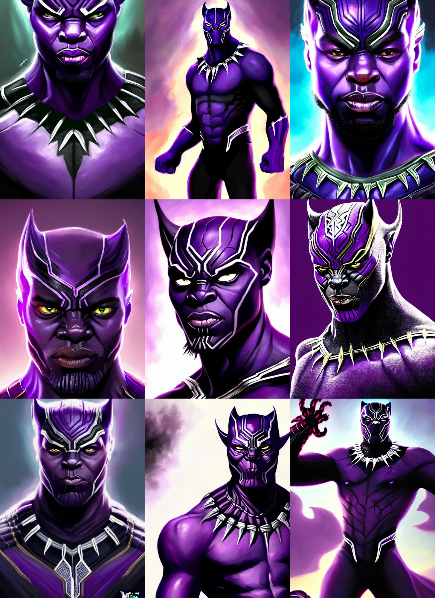 Prompt: a fantasy style portrait painting a character if t'challa black panther and thanos had a son, purple skin, powerful chin, thanos style traits, painting, unreal 5, daz., rpg, portrait, extremely detailed, artgerm greg rutkowski _ greg