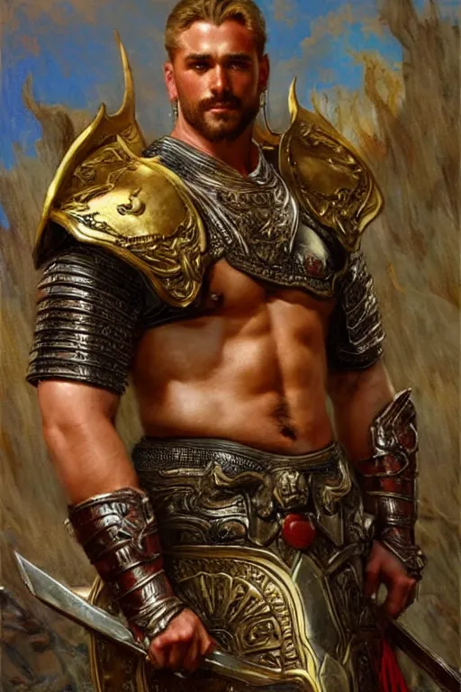 Image similar to attractive beefy male with armor, three kingdoms, character design, painting by gaston bussiere, craig mullins, j. c. leyendecker, tom of finland