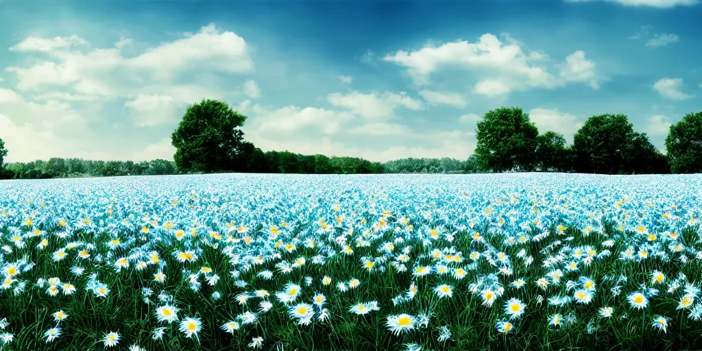 Image similar to field of light blue daisies, matte painting, white sky