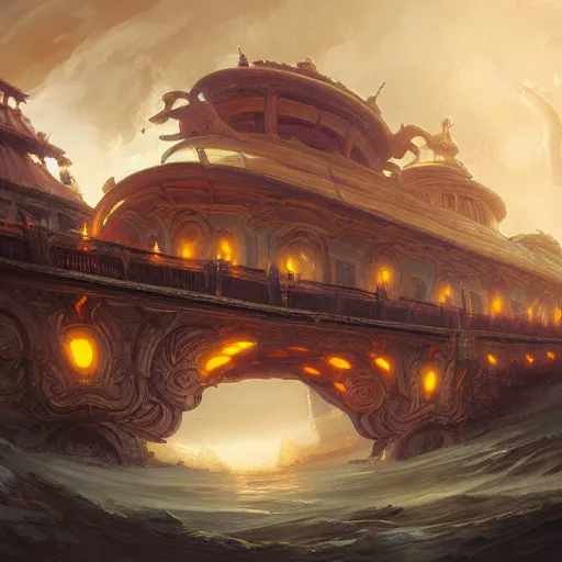 Image similar to A rococo spaceship above the Golden Bridge, by andreas rocha, featured on artstation