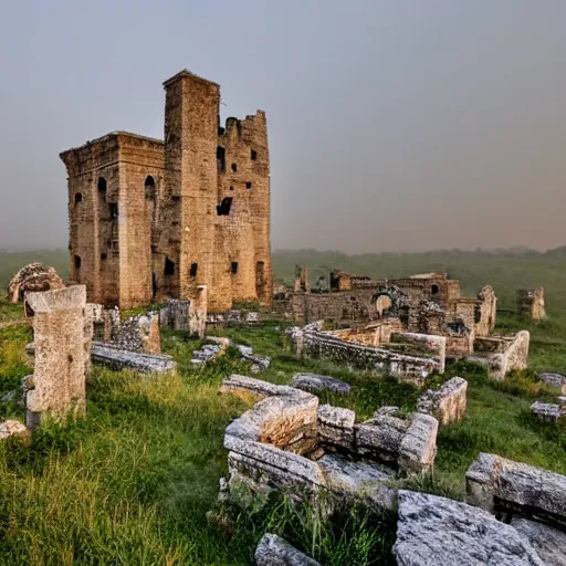 Prompt: an ancient sanctuary made of stone, abandoned, with big towers, white birds flying in the distance, vegetation covering parts of it, golden hour, mist