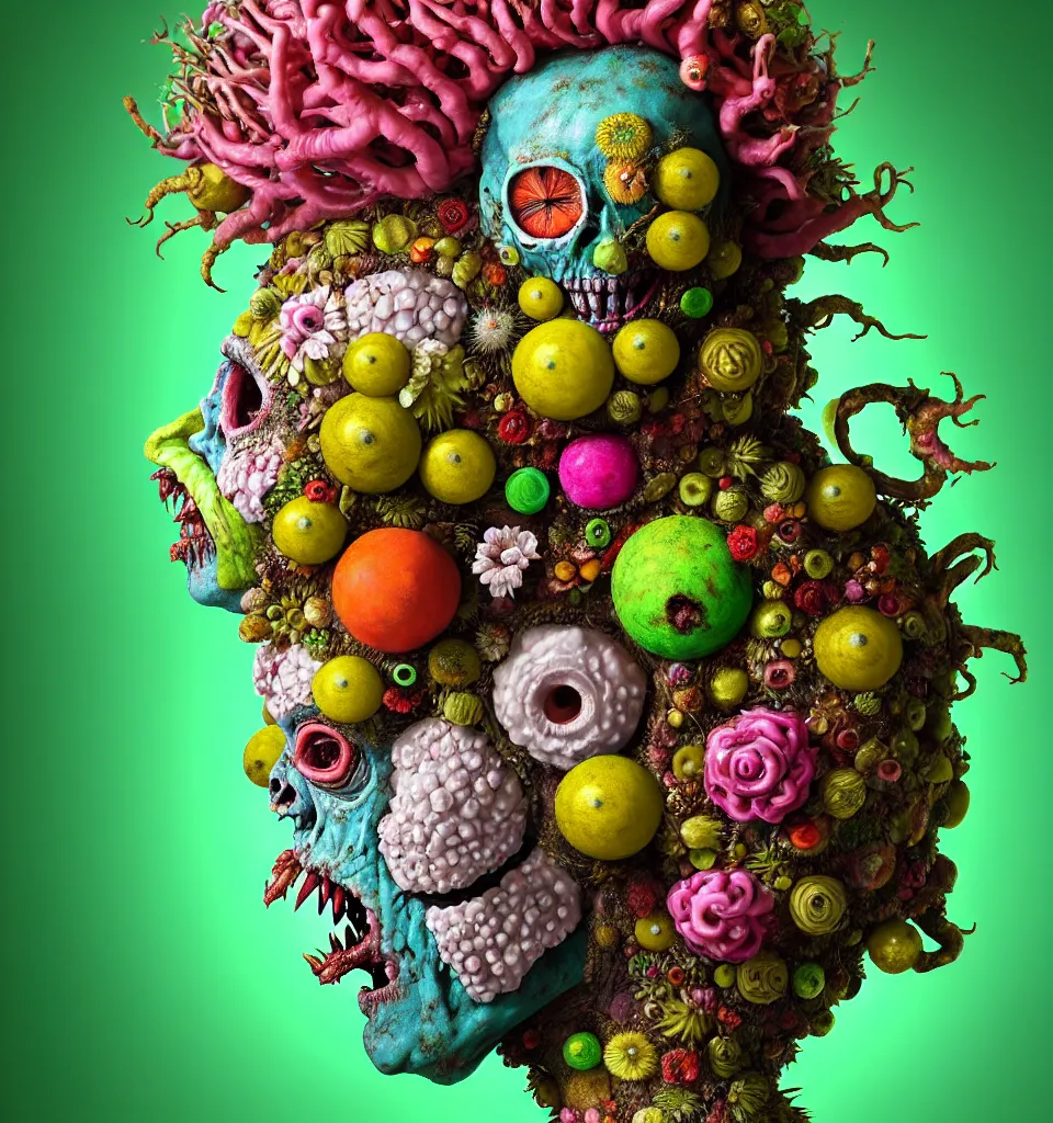 Prompt: eadshot of a trickster nature zombie, head made of fruit and flowers in the style of arcimboldo, fragonard, covered with tendrils and snail shells, oil painting, ethereal, atmospheric lighting, action figure, clay sculpture, claymation, turquoise pink and green, botanical rainbow backdrop