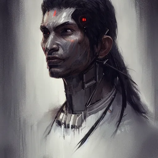 Image similar to portrait of a cyborg by greg rutkowski, he is about 3 0 years old, indian, very tall and slender, messy long black hair, he is wearing a black t - shirt, highly detailed portrait, digital painting, artstation, concept art, smooth, sharp foccus ilustration, artstation hq