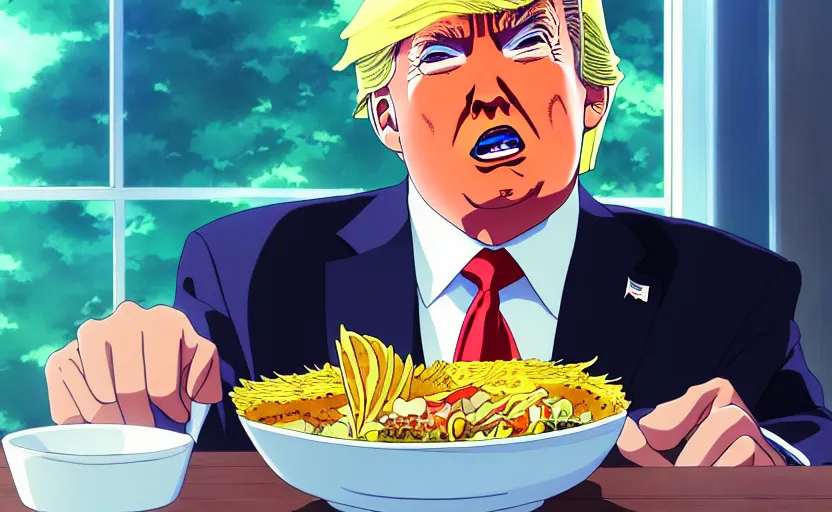 Image similar to beautiful makoto shinkai anime style digital film still portrait of donald trump eating a taco bowl, 4 k, 8 k, hd, high resolution, highly detailed, intricate detail, ultra realistic faces, digital art, trending on artstation, your name, weathering with you