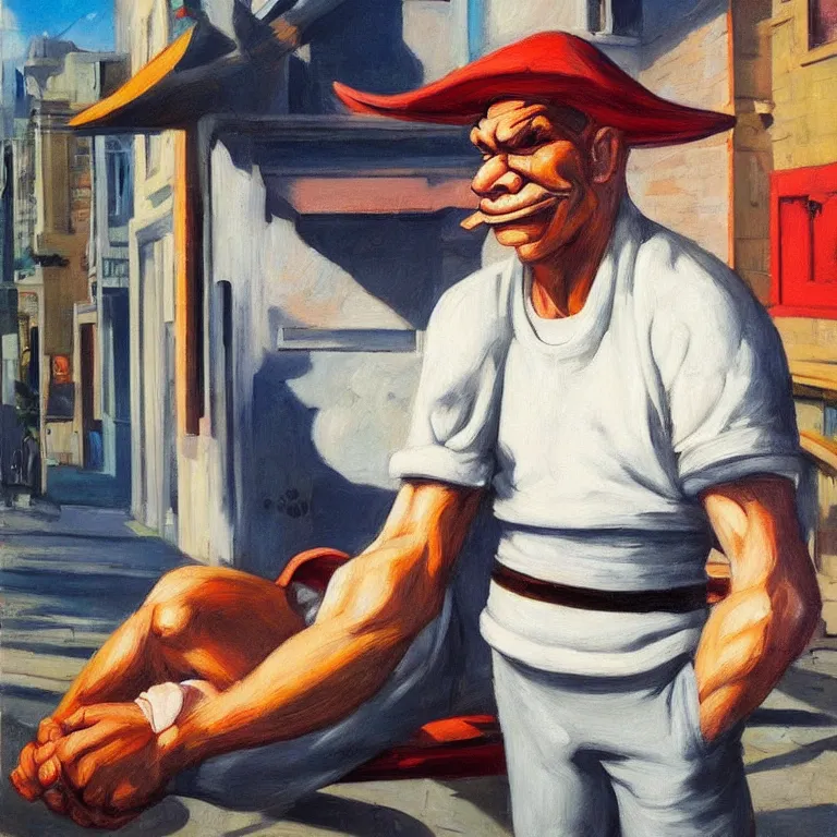 Image similar to Street-art portrait of Popeye the Sailor in style Edward Hopper, photorealism