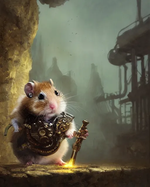 Image similar to oil painting of anthropomorphized hamster holding drill, steampunk clothes, close shot, full body, dark steampunk mine shaft background, sharp focus, fantasy style, octane render, volumetric lighting, 8k high definition, by greg rutkowski, highly detailed, trending on art Station, dungeons and dragons artwork, centered