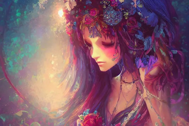 Image similar to a beautiful bohemian girl, intricate, highly detailed, digital painting, pixiv, artstation, official media, anime key visual, concept art, rich vivid colors, ambient lighting, sharp focus, illustration, art by erak note